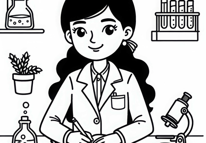 Científica que escribe notas en el diario de laboratorio - Plantilla para colorear gratuita
