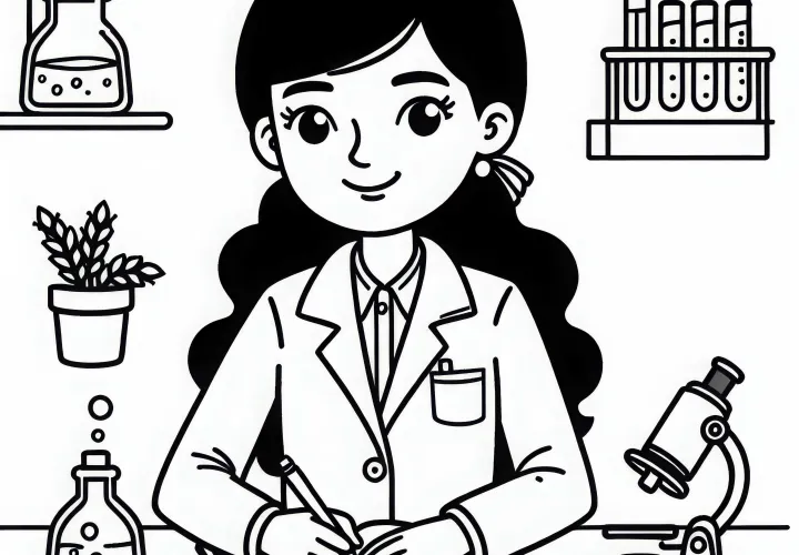 Videnskabsmand, der skriver noter i laborjournal – gratis farvelægningsskabelon