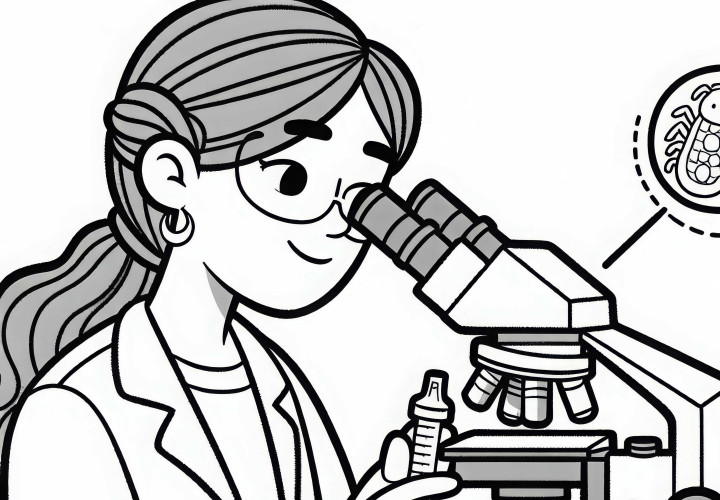 Científica examinando una imagen de microscopio - plantilla para colorear gratis