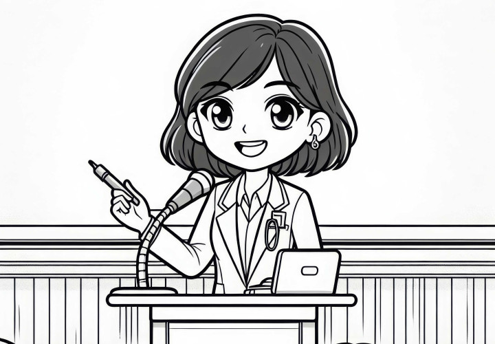 Científica en conferencia frente al público – Dibujo para colorear gratis