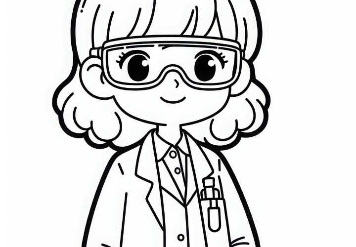 Ilustración para colorear de una científica con gafas de protección y bata de laboratorio gratis