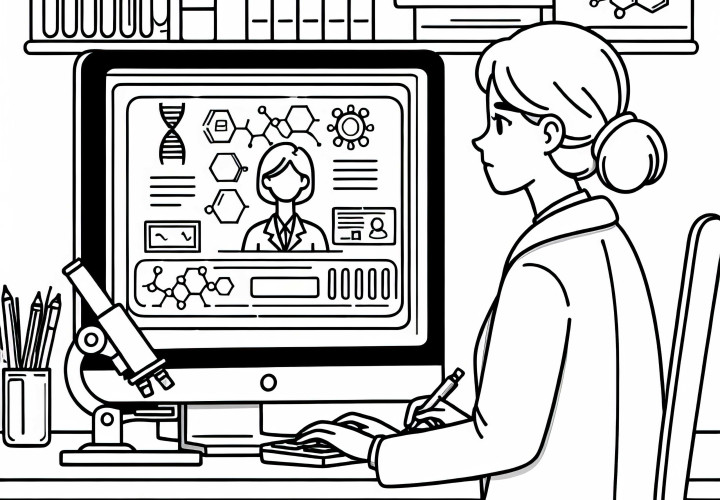 Científica analizando datos en la computadora - Página para colorear gratuita
