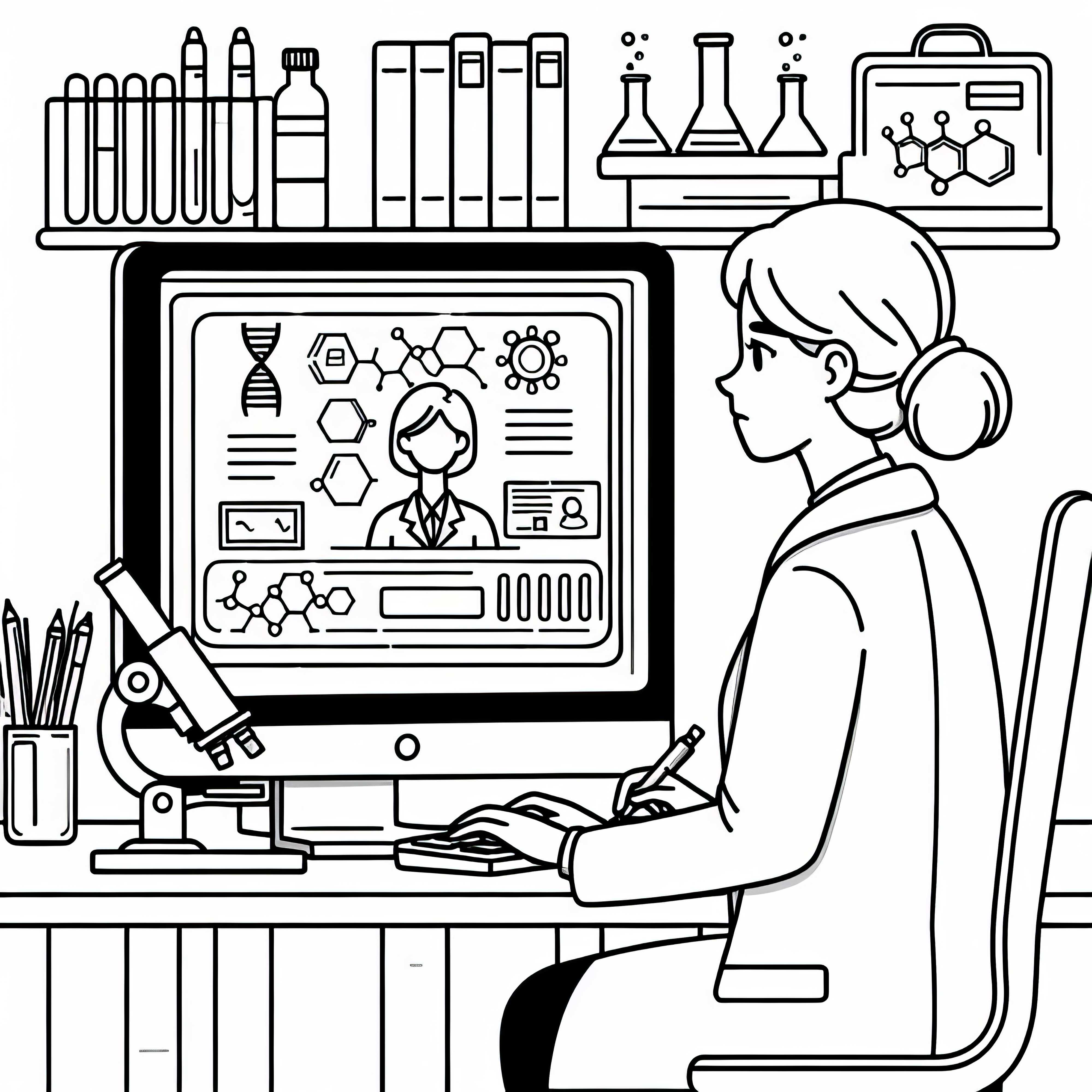 Científica analizando datos en la computadora - Dibujo para colorear gratis