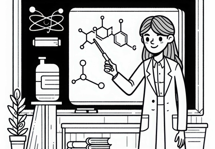 Científica explica una teoría científica en la pizarra - Imagen para colorear gratuita