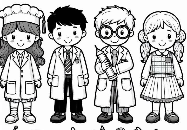 Niños que se disfrazan de científicos - Página para colorear gratuita