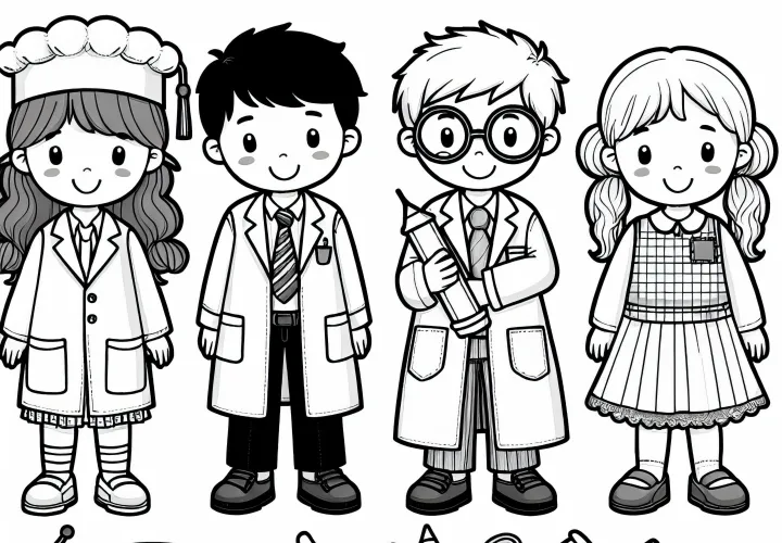 Børn, der klæder sig ud som videnskabsfolk - Gratis farvelægningsbillede