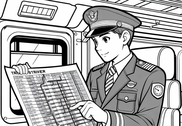Masinis saat memeriksa jadwal perjalanan - Halaman mewarnai gratis