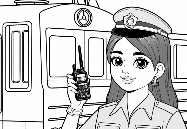 Lokomotif perempuan dengan radio saat koordinasi kereta - Gambar untuk diwarnai gratis