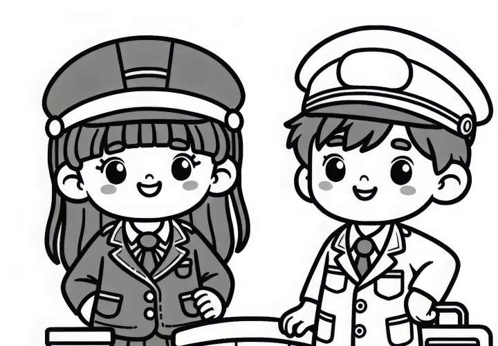 Anak-anak yang berdandan sebagai masinis - Template mewarnai gratis
