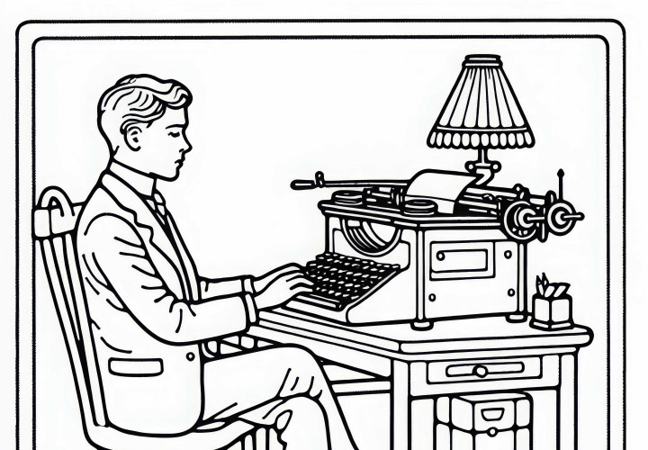 Schriftsteller am Schreibtisch mit alter Schreibmaschine – Malvorlage gratis Schriftsteller am Schreibtisch mit alter Schreibmaschine – Malvorlage gratis