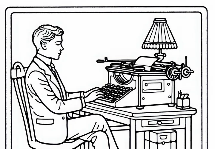 Forfatter ved skrivebord med gammel skrivemaskine – Farvelægningsskabelon gratis