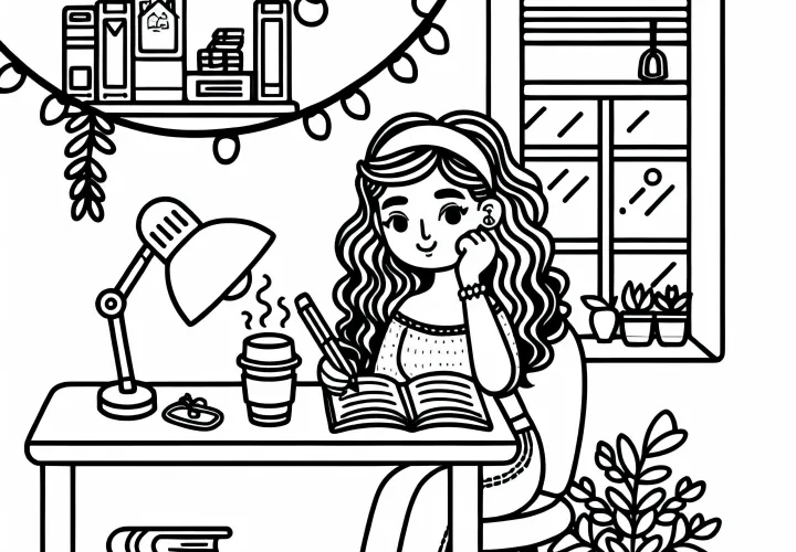 Forfatterinde med kaffekop – Gratis malerskabelon