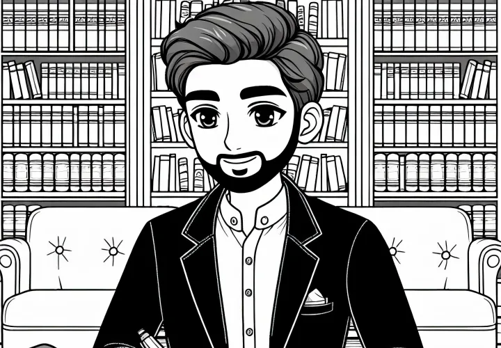 Forfatter i bibliotek omgivet af bøger - Malebillede gratis