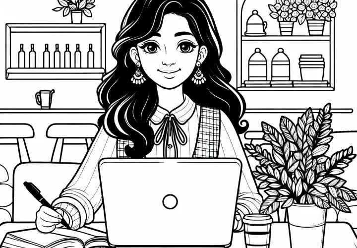 Forfatterinde med bærbar i café - Malebog Gratis