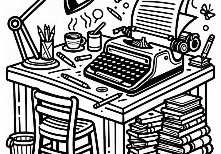 Schreibtisch eines Schriftstellers – Ausmalbild gratis Schreibtisch eines Schriftstellers – Ausmalbild gratis