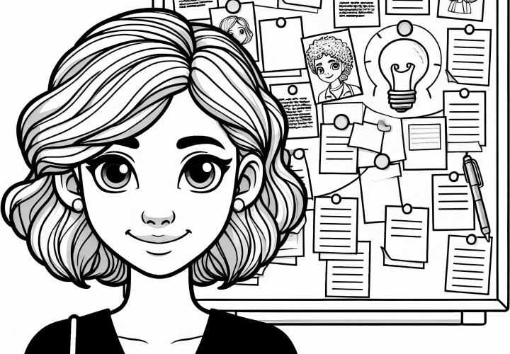 Schriftstellerin mit Ideenboard voller Notizen – Ausmalbild kostenlos Schriftstellerin mit Ideenboard voller Notizen – Ausmalbild kostenlos