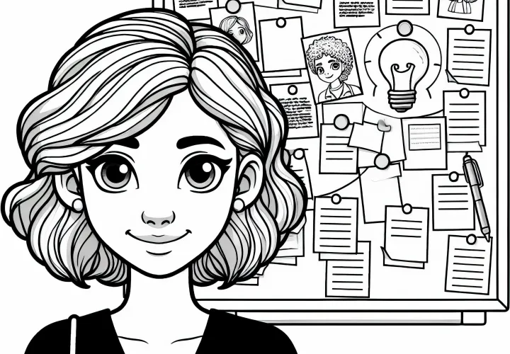 Forfatterinde med idéboard fyldt med noter – Malebog gratis