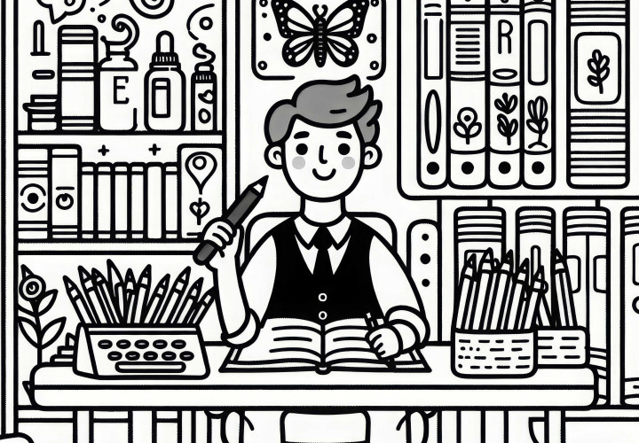 Bücherregal eines Schriftstellers – Malvorlage kostenlos herunterladen Bücherregal eines Schriftstellers – Malvorlage kostenlos herunterladen