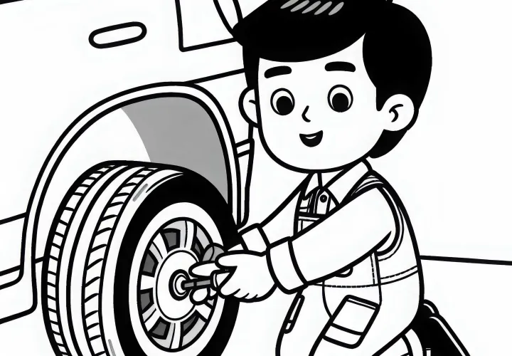 Mecánico cambiando un neumático - Dibujo para colorear gratis
