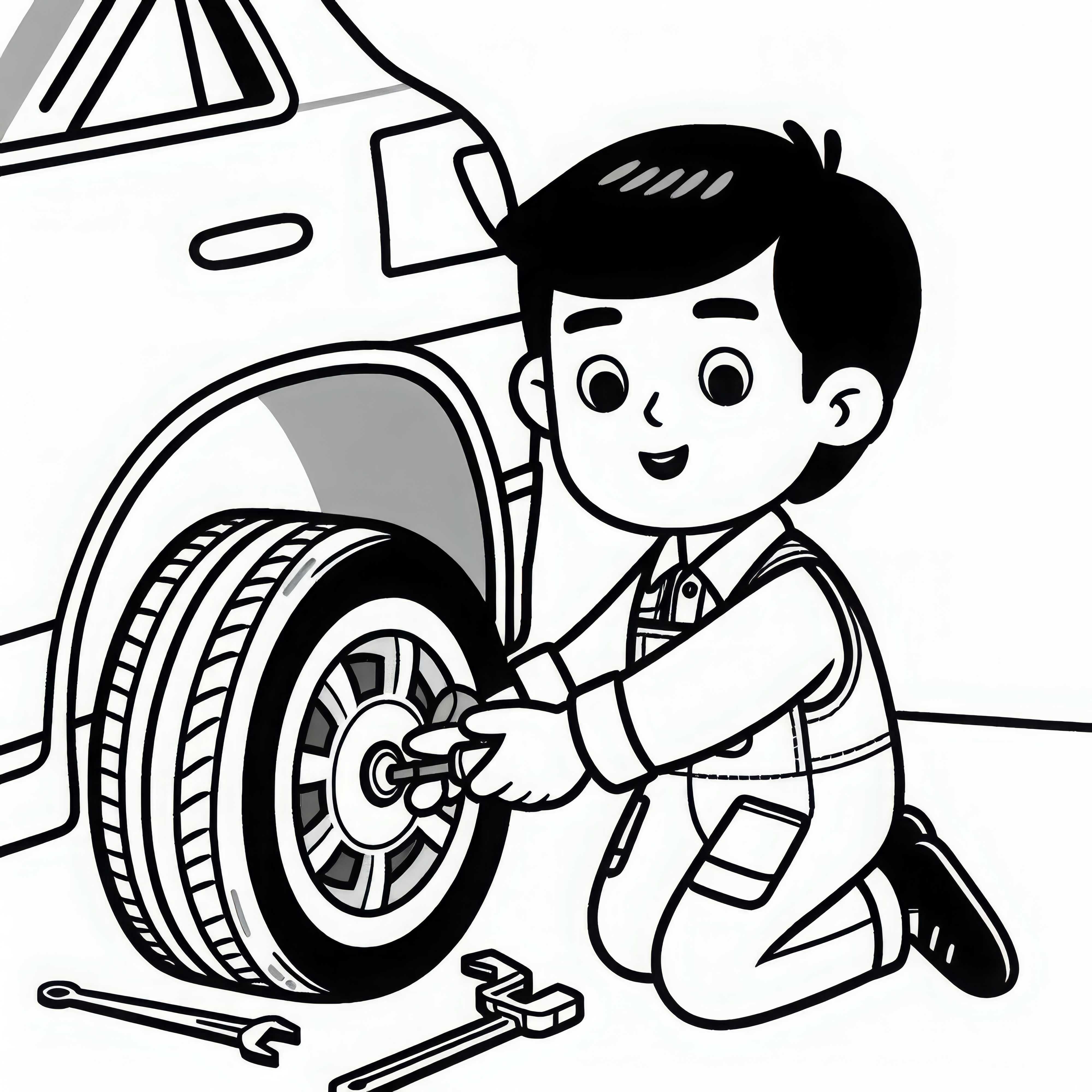 Mecánico cambiando una rueda - Dibujo para colorear gratuito