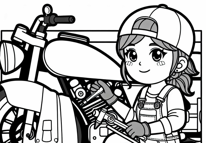 Mecánica reparando una motocicleta – Dibujo para colorear gratis