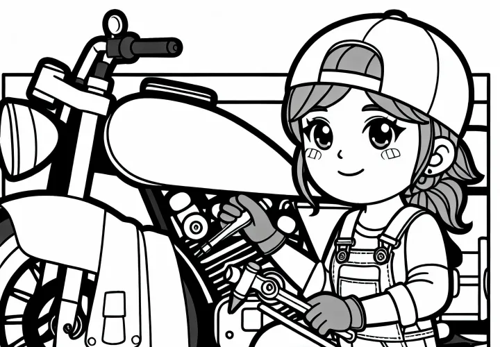 Mecánica reparando una motocicleta – Dibujo para colorear gratis