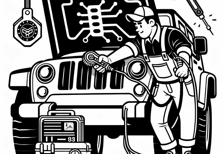 Mecánico diagnosticando un motor - Plantilla de dibujo gratis