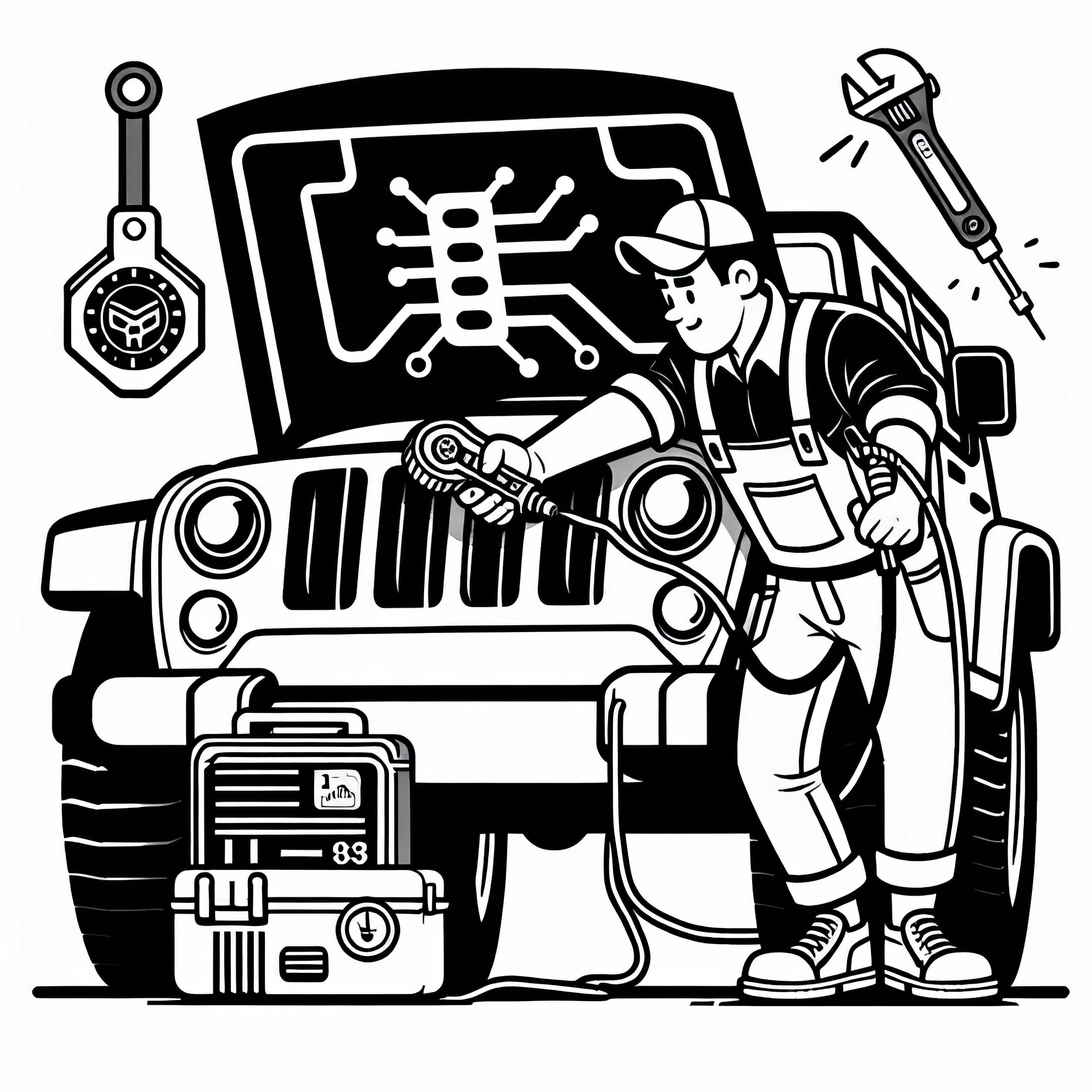 Mecánico diagnosticando un motor - Plantilla de dibujo gratuita