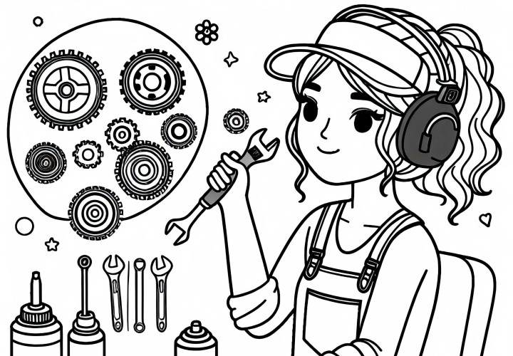 Mecánica en taller con diferentes piezas de automóviles - Plantilla para colorear gratis