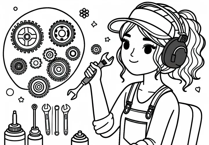 Mecánica en taller con diferentes piezas de automóviles - Plantilla para colorear gratis