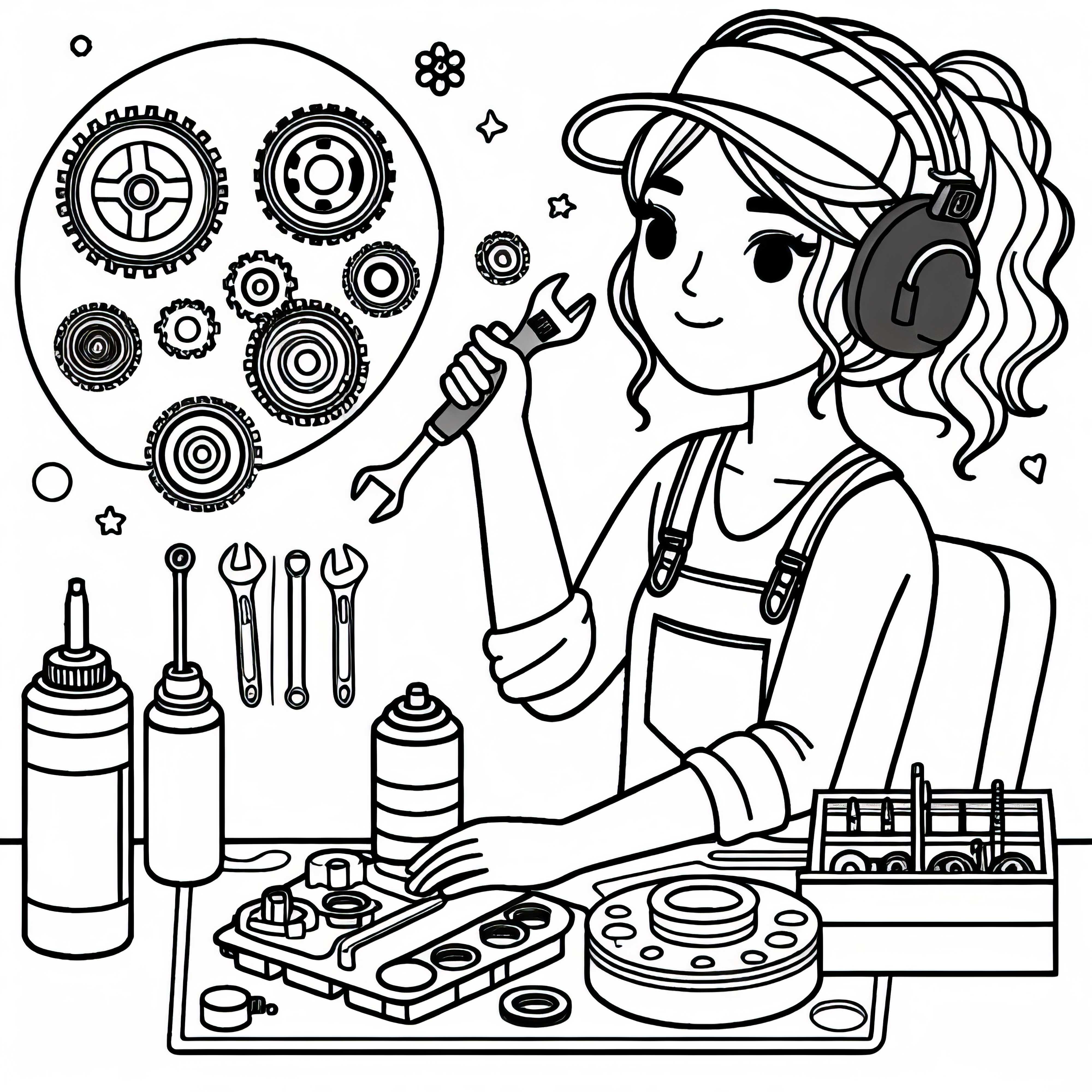 Mecánica en taller con varias piezas de automóviles - Plantilla para colorear gratuita