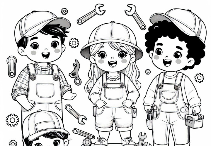 Niños que se disfrazan de mecánicos - Dibujo para colorear gratis
