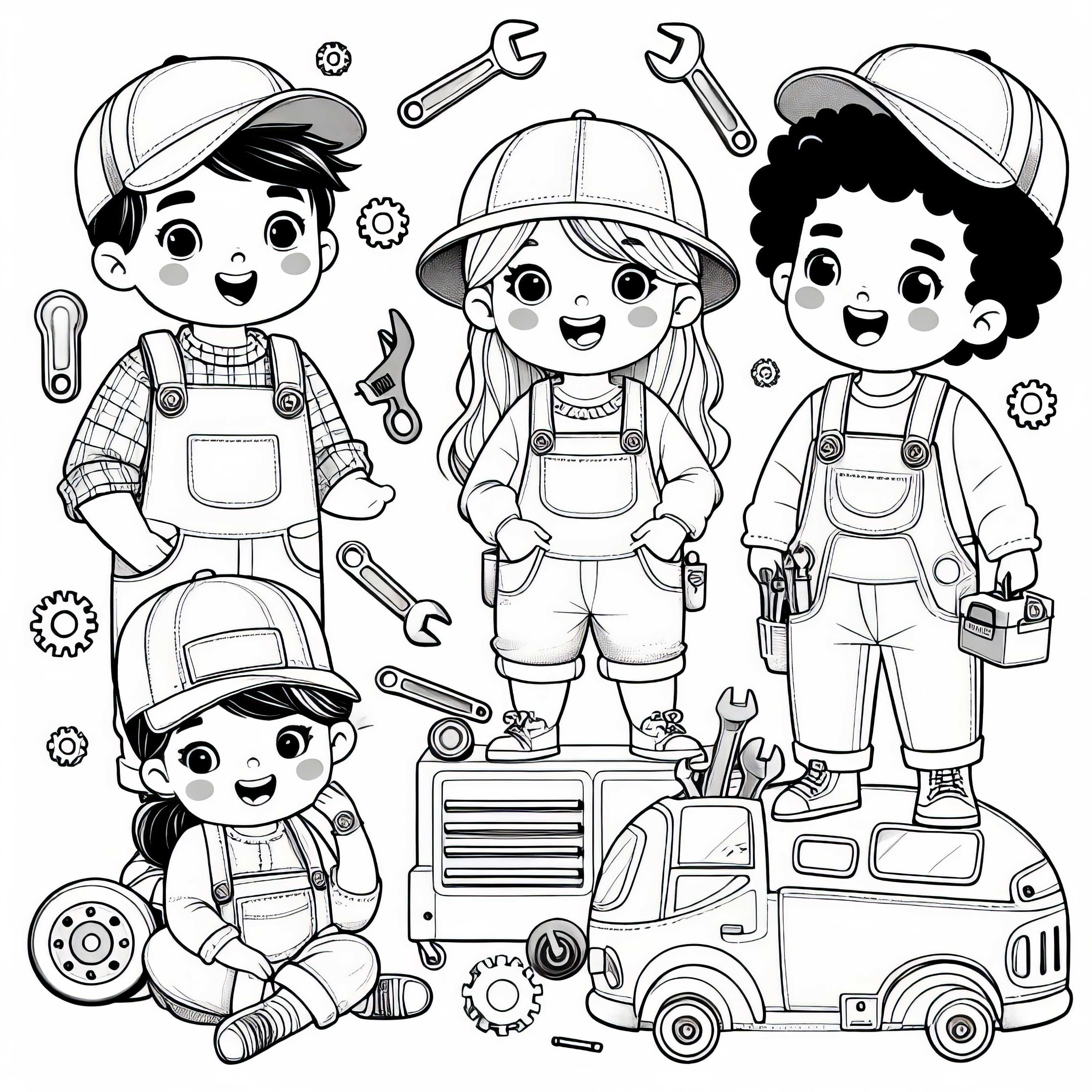 Niños disfrazados de mecánicos - Dibujo para colorear gratis