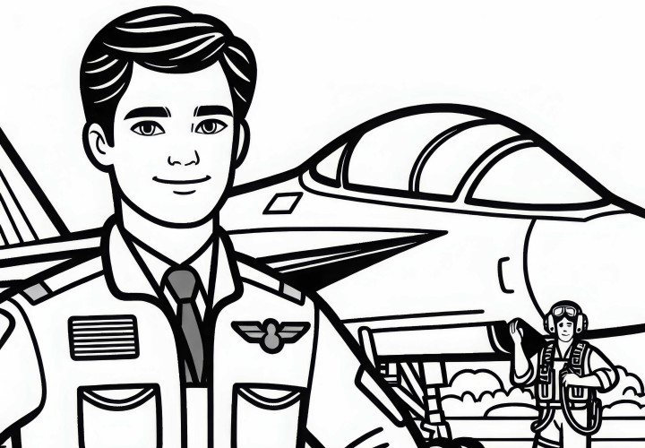 Piloto inspeccionando su jet antes del despegue - Plantilla para colorear gratuita