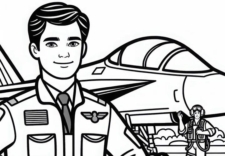 Piloto inspeccionando su jet antes del despegue - Plantilla para colorear gratuita