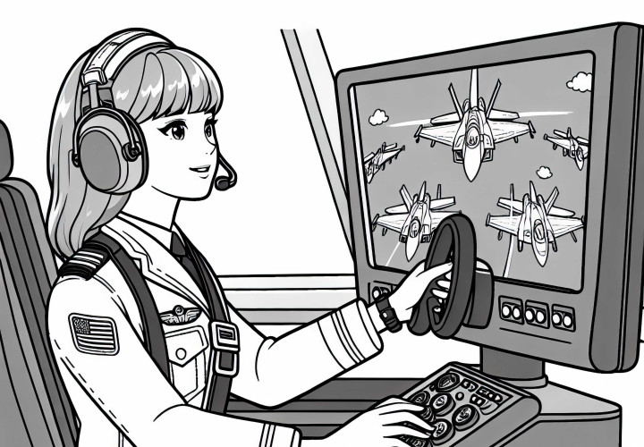 Piloto en entrenamiento en el simulador de vuelo - Dibujo para colorear gratuito