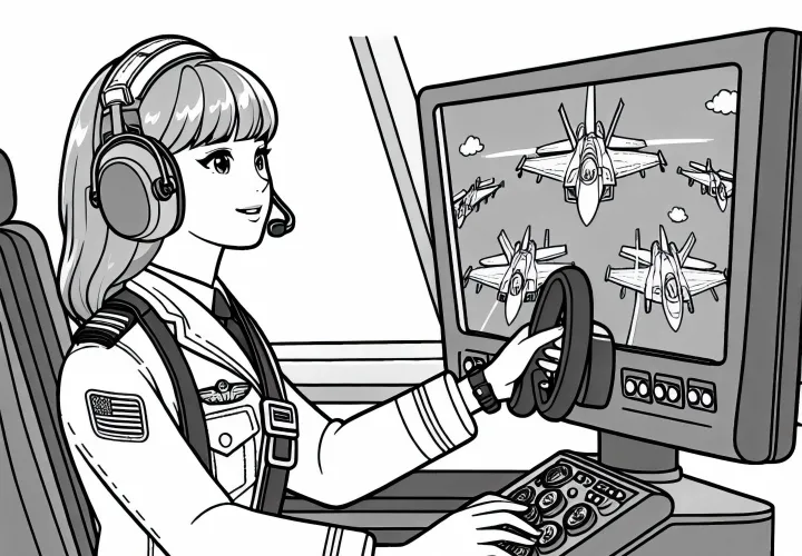 Piloto en entrenamiento en el simulador de vuelo - Dibujo para colorear gratuito