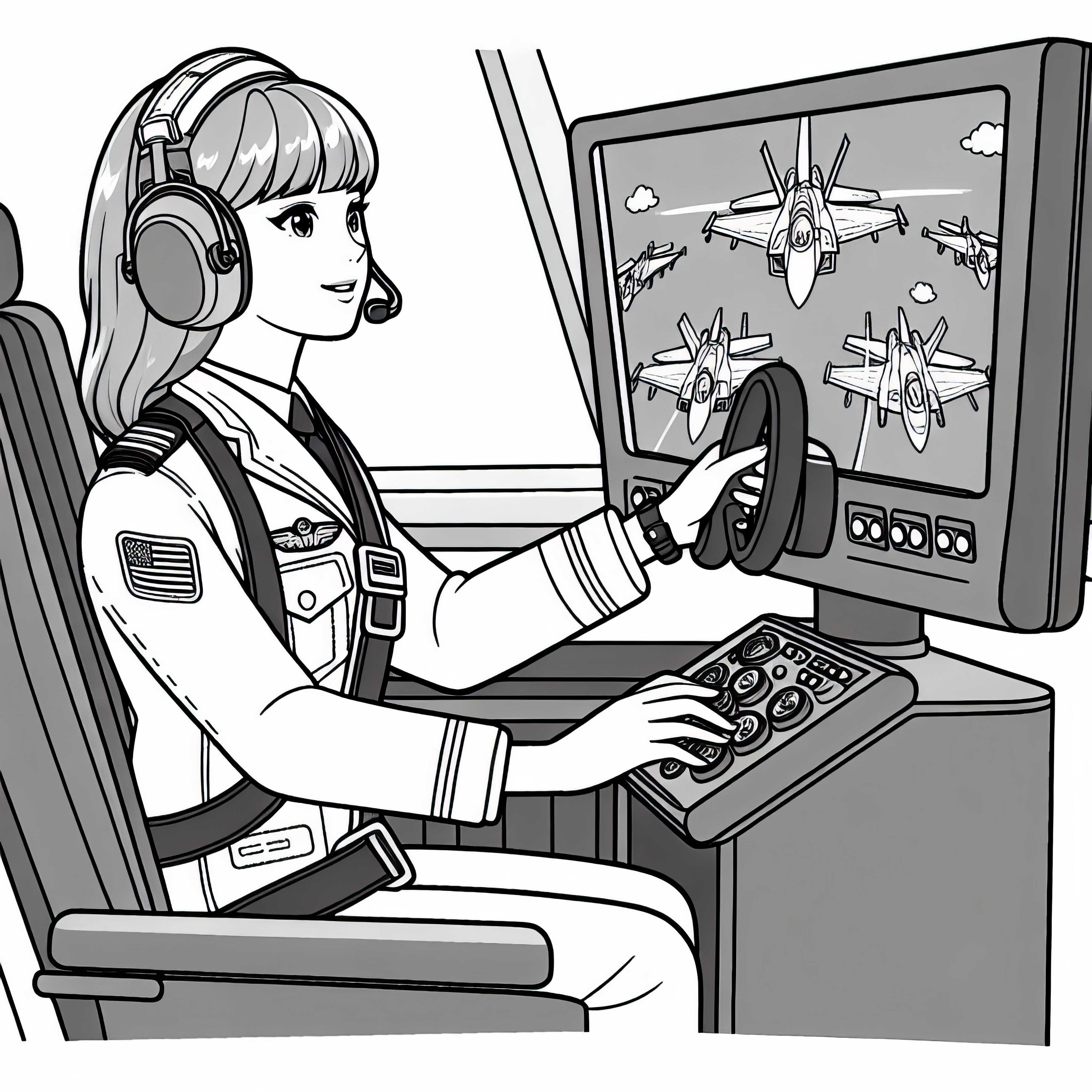 Piloto en entrenamiento en el simulador de vuelo - Imagen para colorear gratis