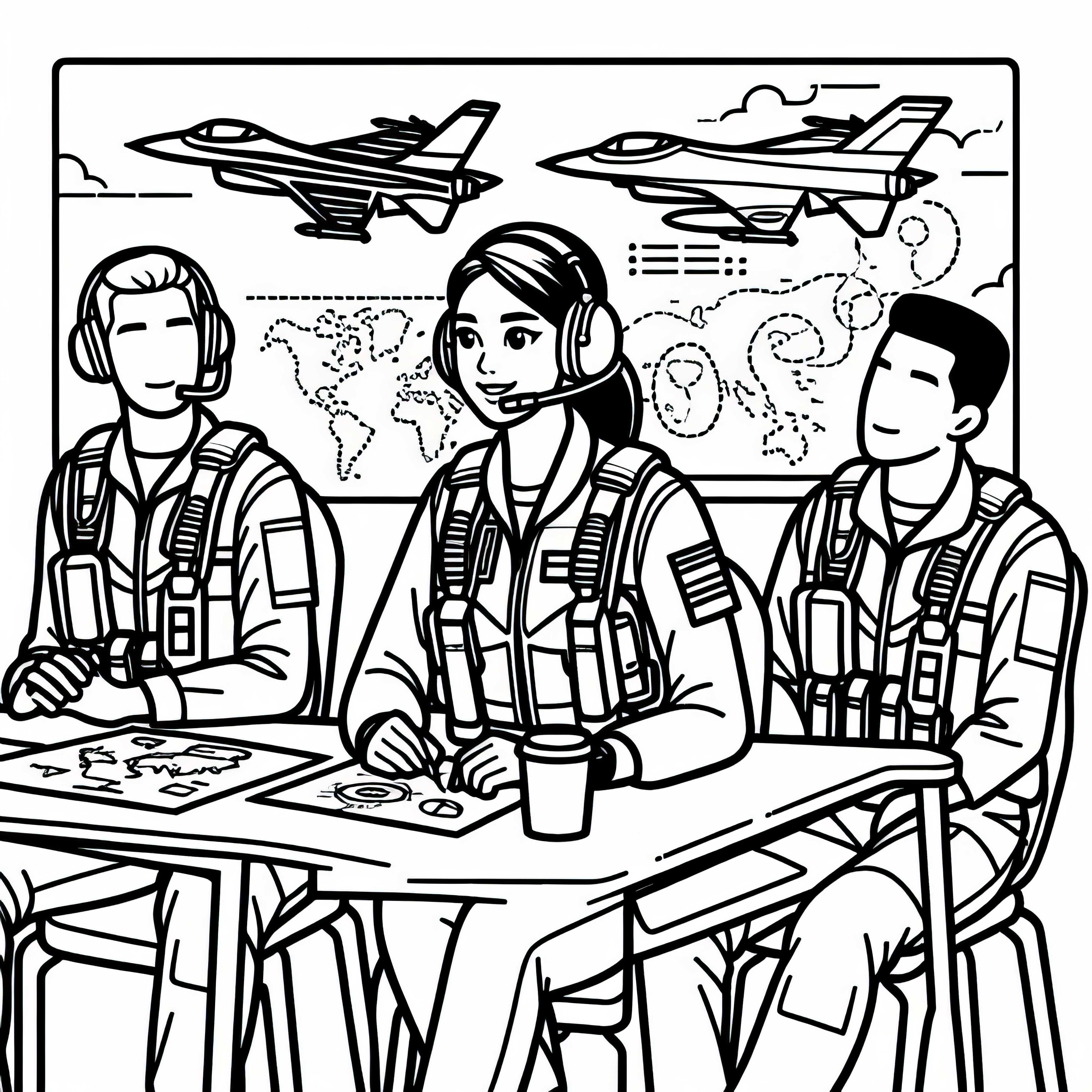Piloto en reunión de operaciones con el equipo - plantilla para colorear gratis