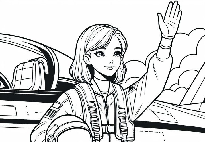 Pilotona frente al jet – Dibujo para colorear gratis para descargar