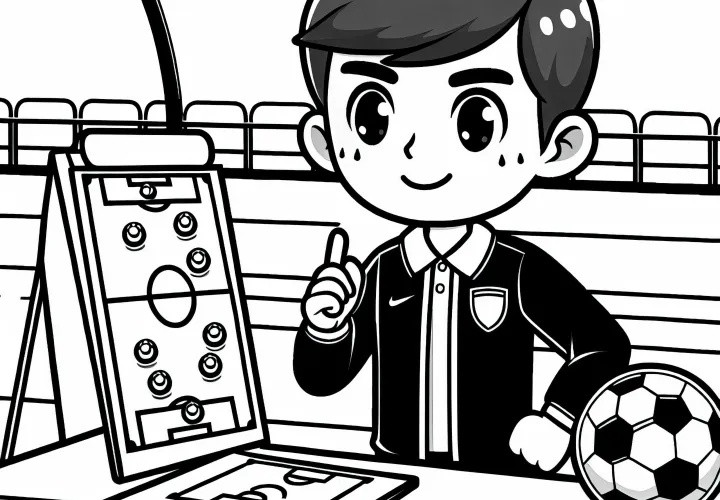 Fußballtrainer mit Taktiktafel – Ausmalbild zum Gratis-Download