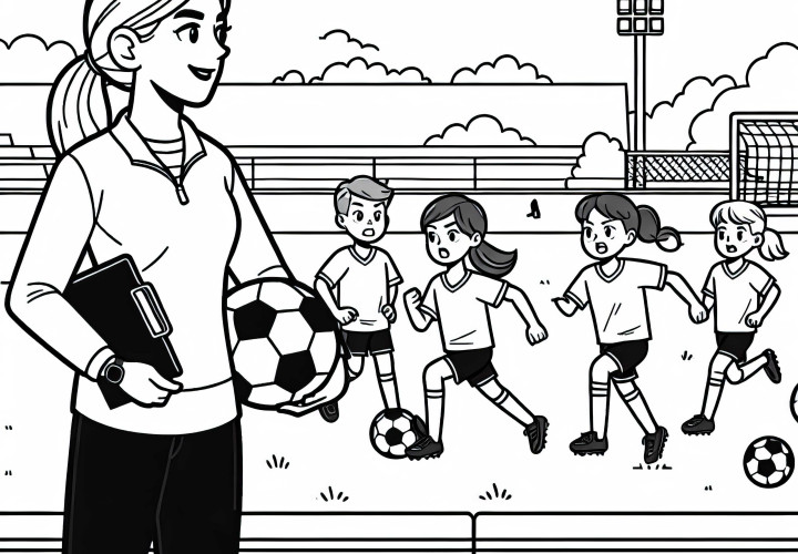 Die Fußballtrainerin, die das Spielertraining überwacht – Malvorlage gratis Die Fußballtrainerin, die das Spielertraining überwacht – Malvorlage gratis