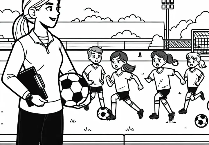 Die Fußballtrainerin, die das Spielertraining überwacht – Malvorlage gratis