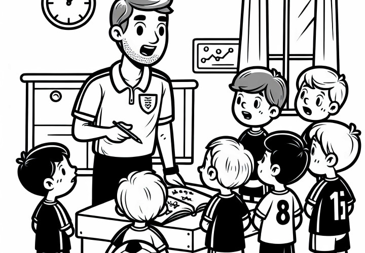 Fußballtrainer bei Besprechung mit Mannschaft – Ausmalbild gratis Fußballtrainer bei Besprechung mit Mannschaft – Ausmalbild gratis