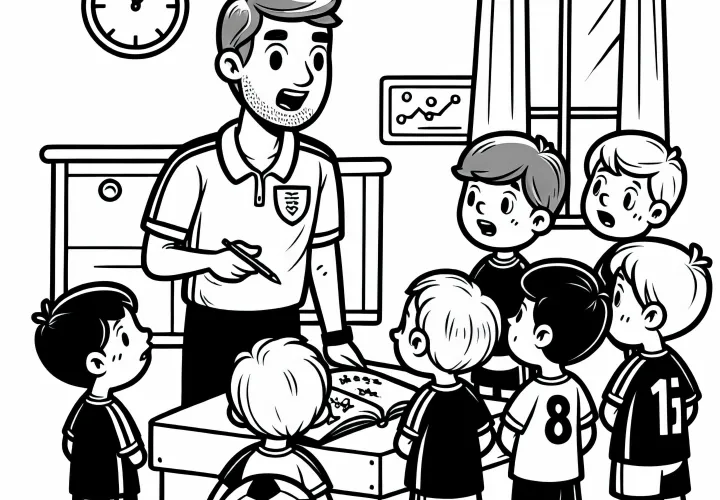 Fußballtrainer bei Besprechung mit Mannschaft – Ausmalbild gratis