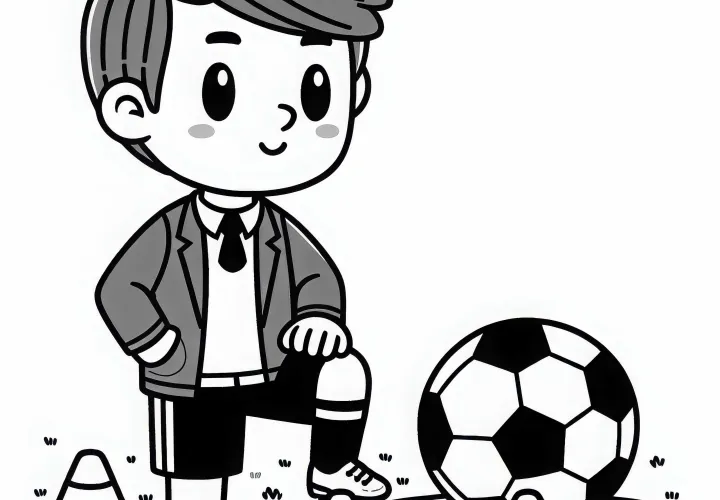 Fußballtrainer baut Übungen mit Hütchen auf – Ausmalbild kostenlos