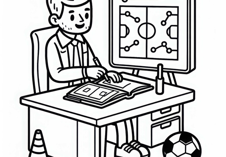 Fußballtrainer plant Trainingsprogramm – Ausmalbild gratis Fußballtrainer plant Trainingsprogramm – Ausmalbild gratis