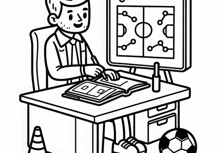 Fußballtrainer plant Trainingsprogramm – Ausmalbild gratis