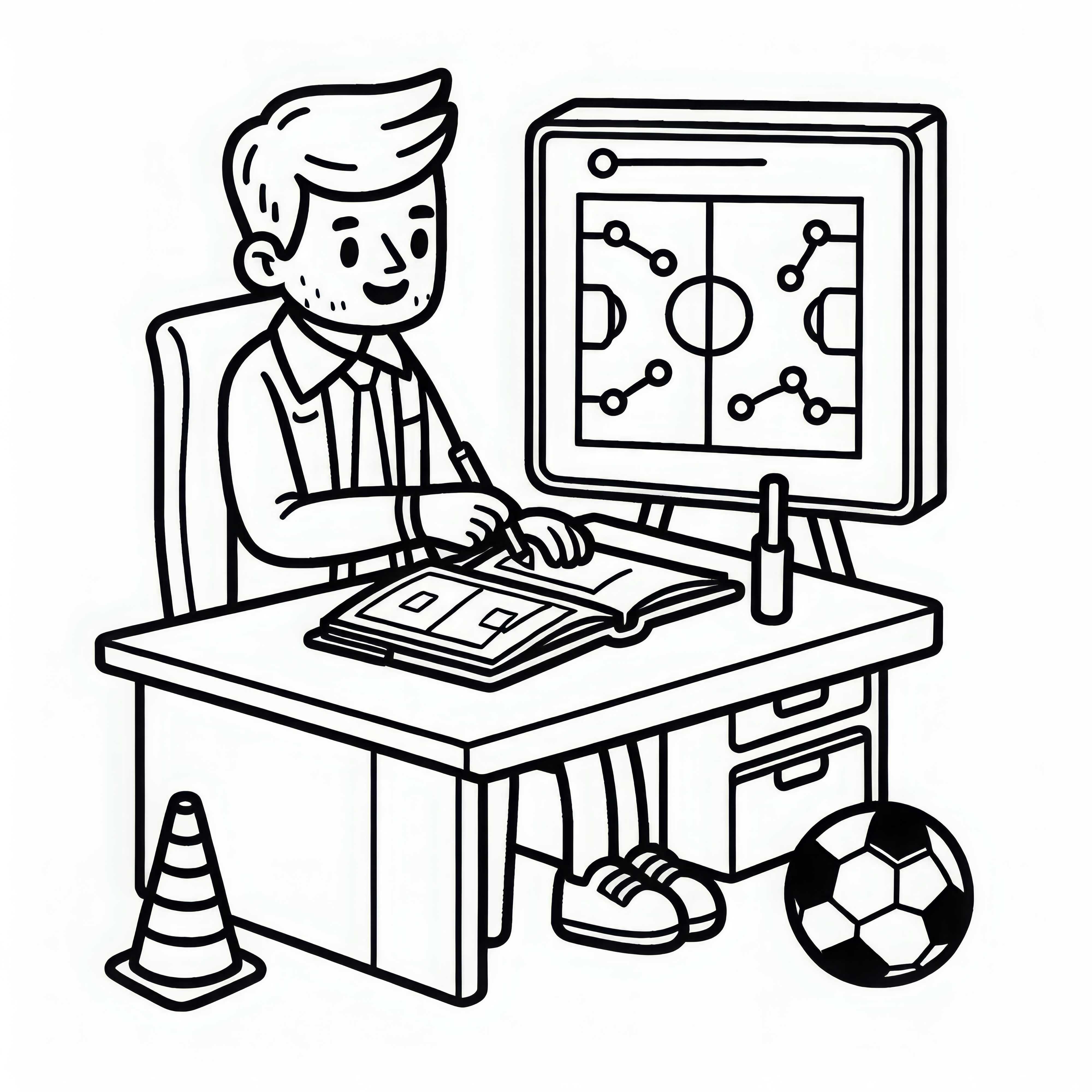 Fußballtrainer plant Trainingsprogramm – Ausmalbild gratis