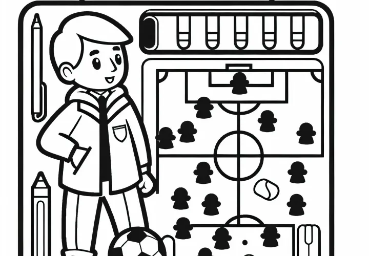 Taktiktafel eines Fußballtrainers mit Magneten für Spielzüge – Ausmalbild gratis